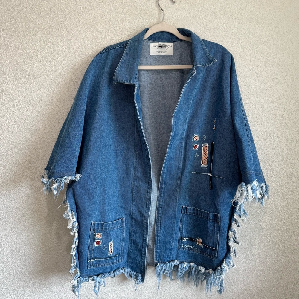 Phoenix Conexion Art To Wear Custom Signed Fringe Denim Poncho Boho Jacket‎
